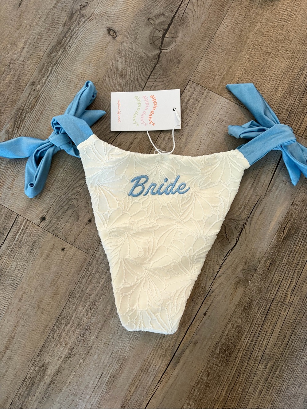 Dippin daisys Bride Embroidered White Bikini Bottom with Blue Ties small